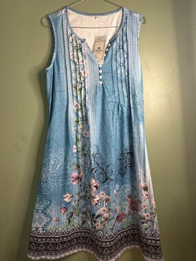 NEW Disamer Small Blue Floral Paisley Sleeveless Shift Dress Boho Cottagecore